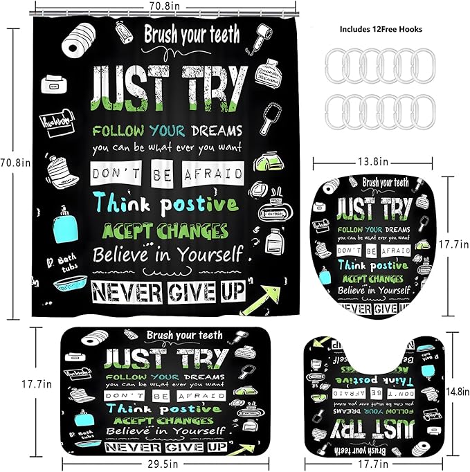 AZHM Black Inspirational Quotes and Positive Phrases Pattern Shower Curtain Set for Bathroom 4 Pcs Whimsical Design Bathroom Accessory Decor Sets with Shower Curtain and Rugs