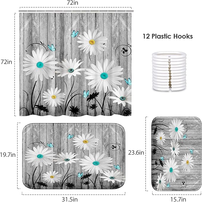 ArtSocket Flower Daisy Bathroom Set with Shower Curtain and Bath Rugs and Accessories,Gray Wooden Boards Non-Slip Shower Curtain Set,Bathroom Decor 3 Pcs