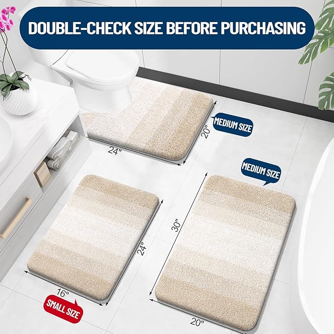OLANLY Bathroom Rugs Sets 3 Piece, Soft Absorbent Microfiber Bath Mats and U-Shaped Contour Toilet Rug, Plush Shaggy Bath Mat Set for Bathroom (30"x20"+24"x16"+24"x20", Light Beige)