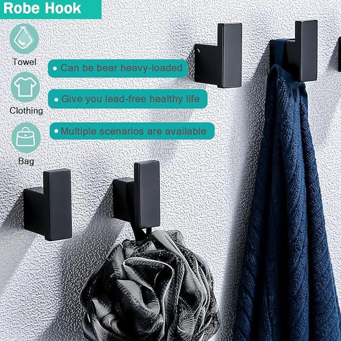 Matte Black Bathroom Hardware Accessories Set 4 Pieces Bath Towel Bar Set with 18 Inch Towel Bar,Toilet Paper Holder,Towel Hooks,SUS 304 Stainless Steel Wall Mounted Bathroom Towel Rack Set