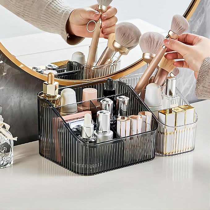 DASITON Large Capacity Makeup Brush Holder,5 Slot Makeup Brush Cup,Vintage striped Make Up Brush Holder,for Vanity Decor,Bathroom Countertops,Desk Storage Container,Cosmetic Display cases(Black-L)