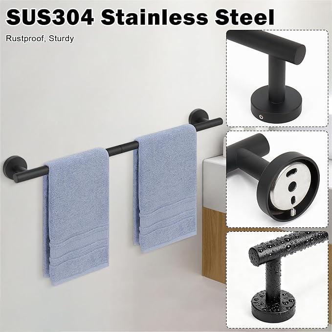 Livabber Bath Towel Bar, 304 Stainless Steel Towel Rack, Heavy Duty Towel Holder Wall Mounted for Bathroom/Kitchen, Usable Hanging Length-20.9 Inch, Total Length-23.7 Inch (Black)