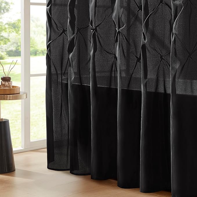 Madison Park Laurel Semi-Sheer Black Shower Curtain – Lightweight Faux Silk Fabric, 72x72 in, Light Filtering, Modern Style Bathroom Curtain Textured Tufting Detail Modern Mid-Century Bathroom Decor
