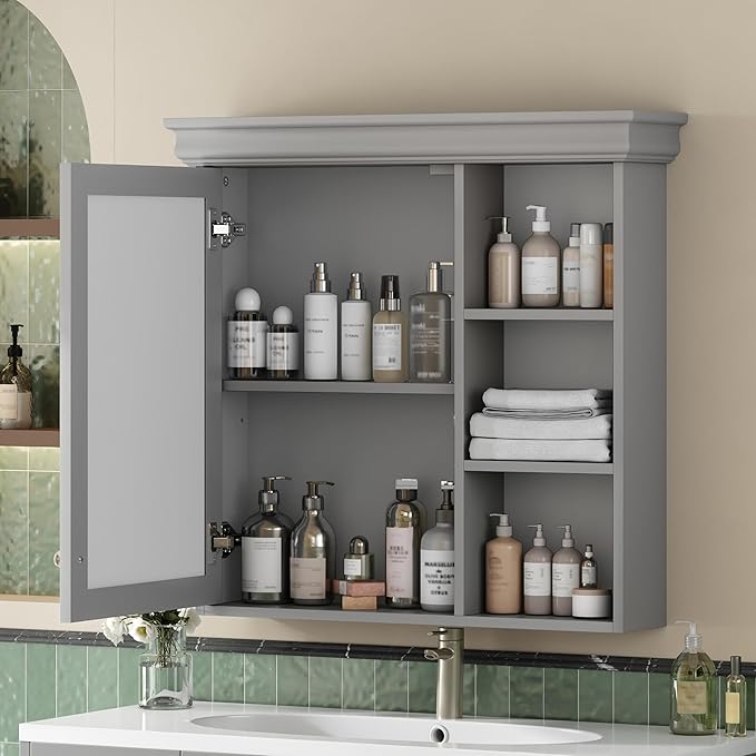 Merax Modern Bathroom Medicine Cabinet with Mirror, 30" x 28" Wall Mounted Medicine Cabinet with Storage and Open Shelves, Over The Toilet Mirrored Wall Storage