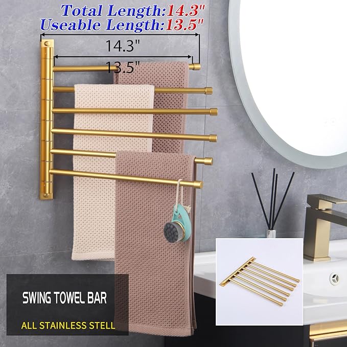 GERZWY Bathroom Swing Arm Towel Bars Wall Mount Bath Towel Rack with 6 Arms Hanger Towel Holder Organizer Stainless Steel Gold Finished HYG06-BE