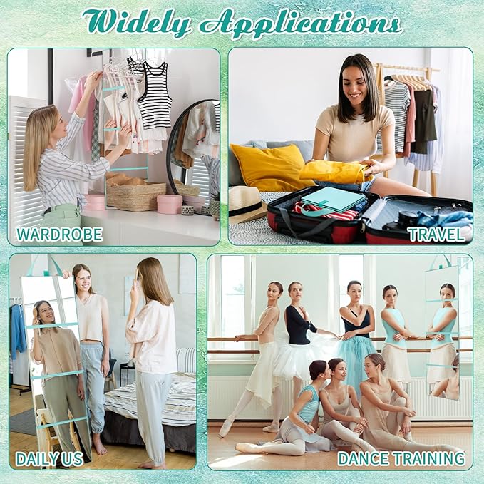 3 Way Foldable Full Length Mirror with Handle 31.89 x 11.22 Inches Leather Portable Camping Travel Hanging Folding Body Mirror for Makeup Dance Fitness Spa Hair Styling(Mint Green,Classic)