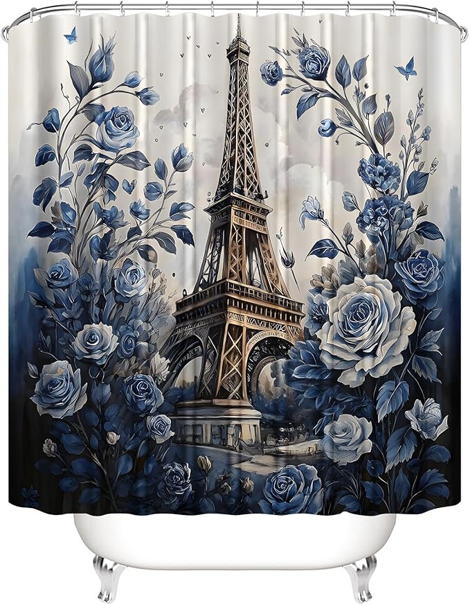 Chrainy 4Pcs Paris Eiffel Tower Shower Curtain Sets The Blue Rose Bathroom Set Decor with Non-Slip Rugs Bath U-Shaped Mat Toilet Lid Cover Waterproof Floal Bathroom Curtains Shower Set with 12 Hooks