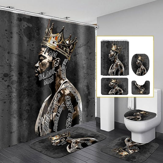 African American Shower Curtain Sets for Bathroom, Black Praying King Bathroom Sets with Waterproof Shower Curtain and Non-Slip Rugs Toilet Lid Cover Bath Mat, Cool Unique Man Bathroom Decor Sets