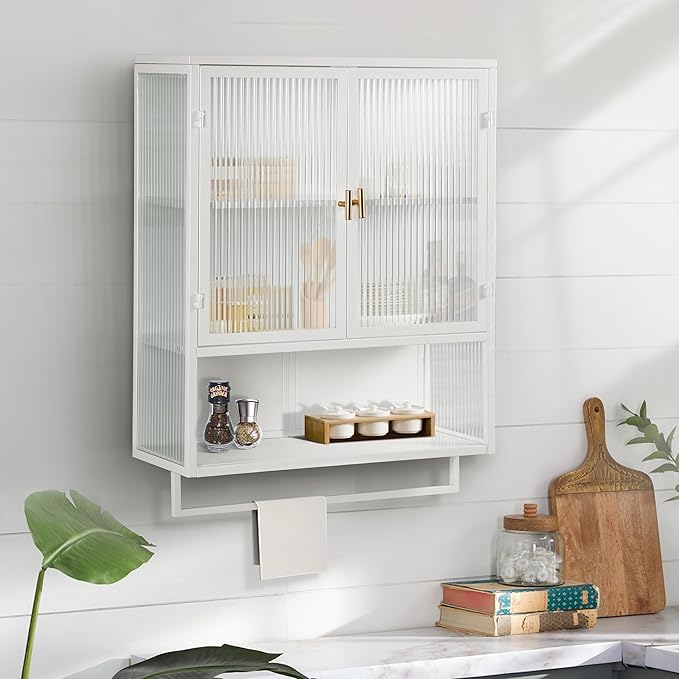 23.62"Glass Doors Modern Two-door Wall Cabinet with Two-tier Enclosed Storage, an Open Shelf, and Towel Rack, for Entryway Living Room Bathroom Dining Room Bathroom Cabinet Kitchen (White4)