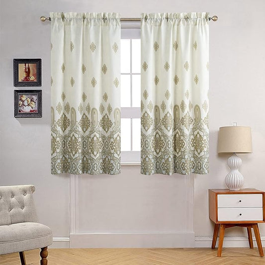 Hudson Vintage Gray Pinted Paisley Window Curtain Pair,Farmhouse Taupe 2 Panels Set,Each 42" W x 63" L and Total 84" Wide and 63" Long