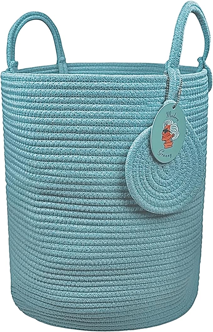 Modern Granny Large Cotton Rope Laundry Hamper 15x20 Inch Dual Secure Woven Handle for Living Room Closet Clothes Blanket Organization