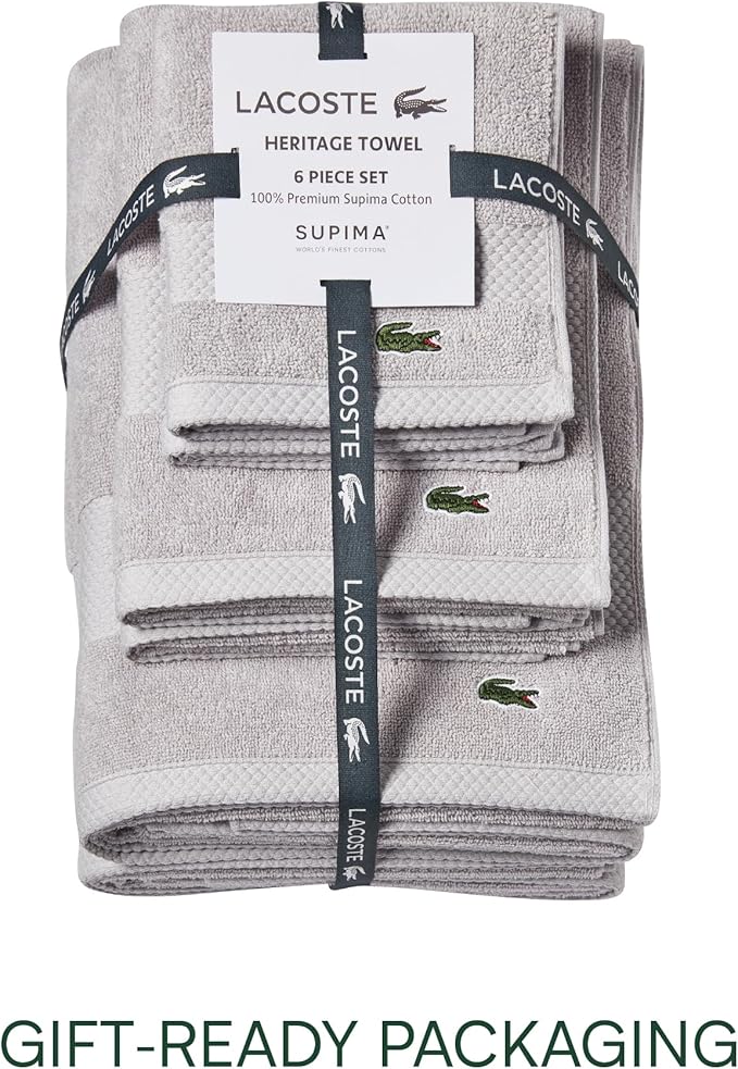 Lacoste Heritage Anti-Microbial Supima Cotton 6-Piece Towel Set, 2 Bath Towels, 2 Hand Towels, 2 Washcloths, Microchip – Highly Absorbent & Quick Drying, Bathroom Essential, Machine Washable