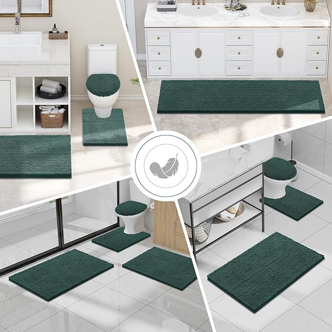 Smiry Luxury Chenille Bathroom Rugs 40x24, Extra Soft and Absorbent Shaggy Bath Mat, Machine Washable, Non-Slip Plush Carpet Runner for Tub, Shower, and Floor, Home Decor Accessories, Green