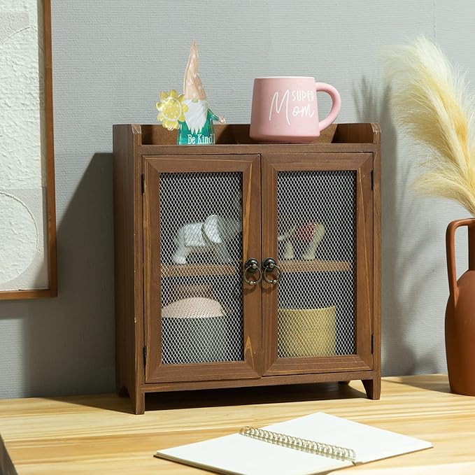 COLLECTIVE HOME - 2 Tiered Storage Cabinet, Countertop Cabinet, Wood Organizer for Kitchen Living Room Bedroom Bathroom Office with Magnetic Door, 15.75 x 14.5 x 6.5, Brown, 01