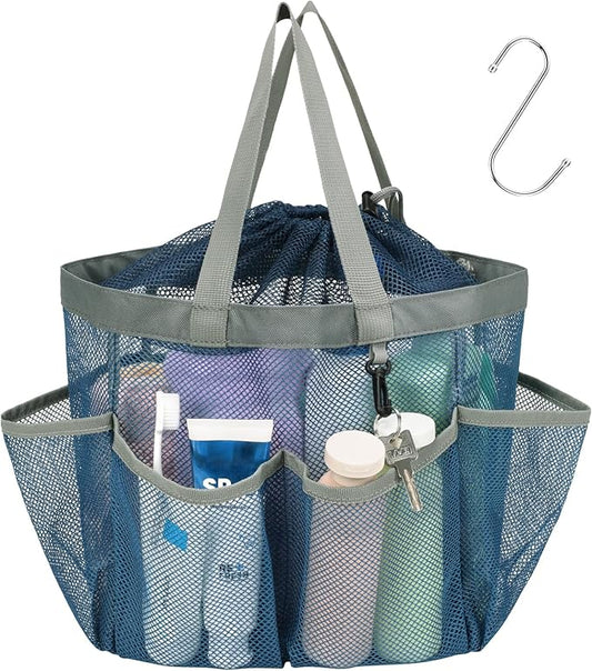 F-color Mesh Shower Caddy Portable with Drawstring - Large 8 Pockets Dorm Room Essentials for Guys Girls with S Hook, Shower Bag Basket Tote for College Camping Gym Travel Toiletry Bathroom, Blue