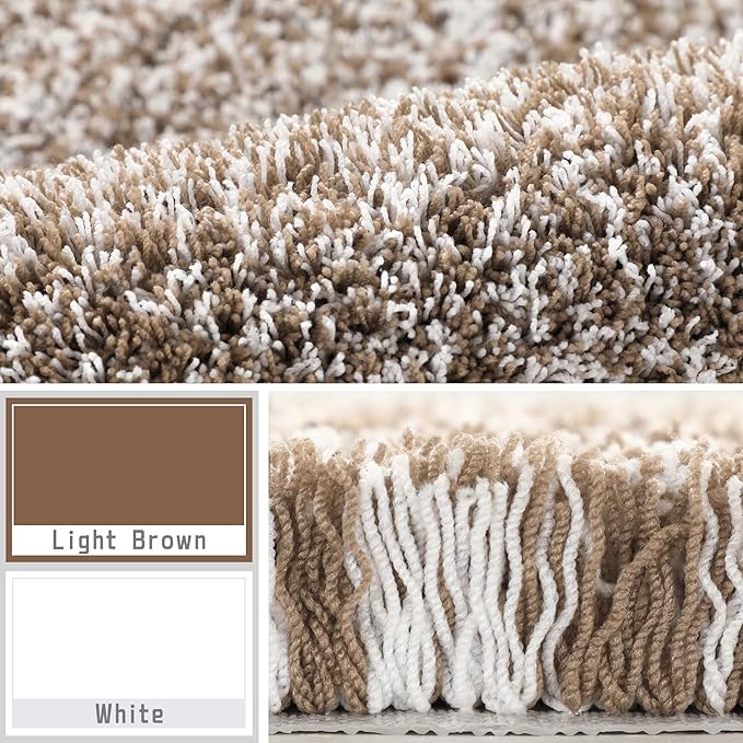 Yimobra Fluffy Plush Bath Rug, Shaggy Soft Comfortable Non Slip, Water Absorbent Microfiber Bath Mat, Dry Quick, Machine Washable Thick Bathroom Floor Rugs for Shower, 44"x 24", Light Brown and White