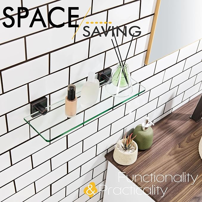 KOKOSIRI Tempered Glass Shelves 16-Inch Bathroom Floating Wall Shelf Kitchen Rack Shower Storage, 2 Pack Oil Rubbed Bronze Stainless Steel B1107ORB-L16-P2