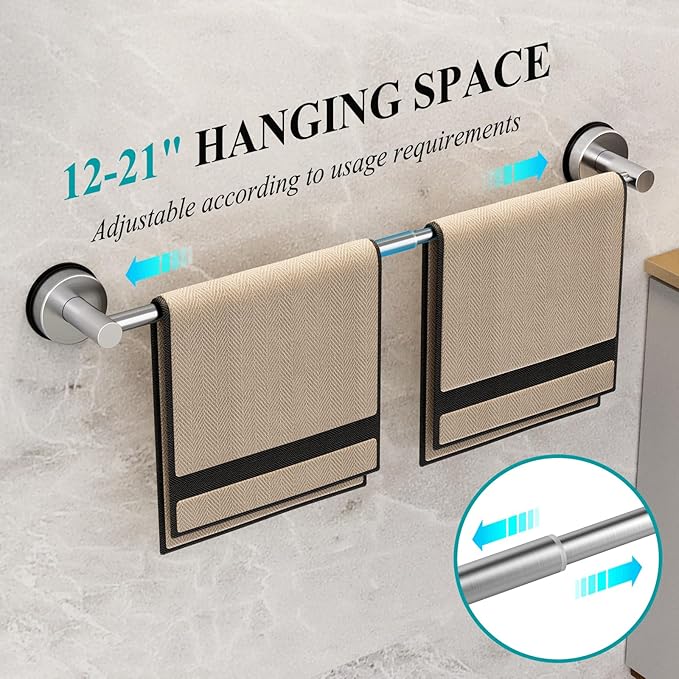 Towel Bar for Bathroom Wall,Adjustable 12~21 Inch Towel Racks for Bathroom Wall Mounted, Towel Holder for Glass Shower Door,Apparment Essentials,Home Decor-Silver(2pcs)