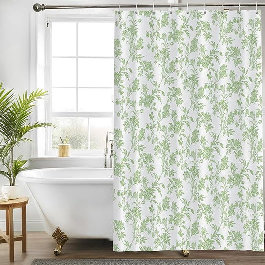 Seorsok Green Shower Curtain,Sage Floral Cotton Linen Cottagecore,Elegant Floral Fabric Shower Curtain Machine Washable Waterproof Bathroom Decor 36'Wx72'L inches