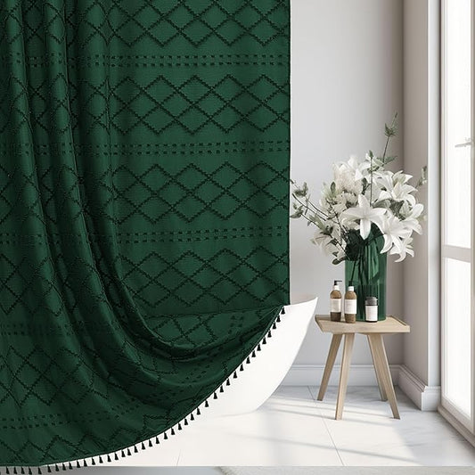 Extra Long Dark Green Boho Woven Fabric Cute 96 Inch Shower Curtain, 72 x 96 Tufted Chevron Textured Striped Modern Farmhouse Minimalist Cloth Shower Curtain for Bathroom