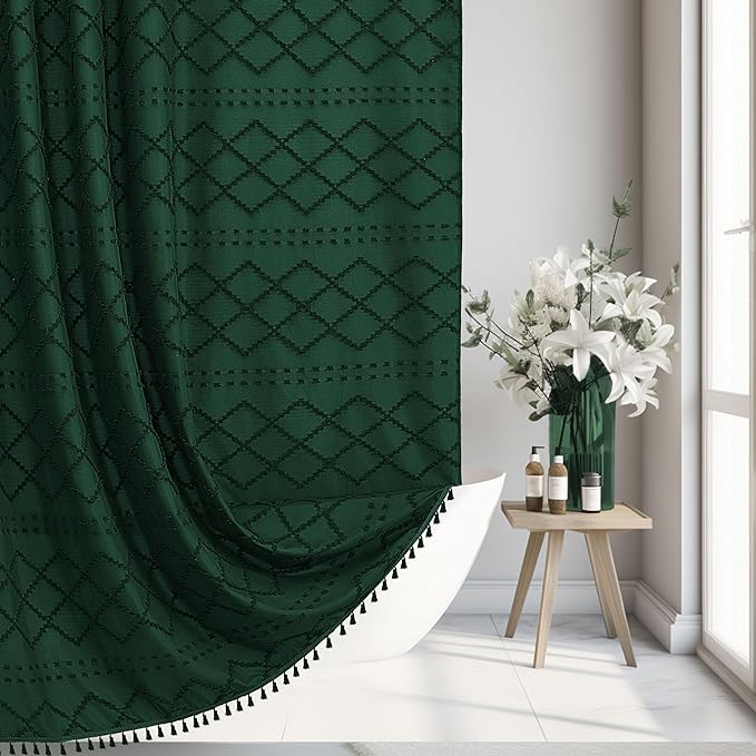 Dark Green Boho Shower Curtain Woven Fabric Cute Shower Curtain, 72 x 72 Tufted Chevron Textured Striped Modern Farmhouse Minimalist Cloth Shower Curtains for Bathroom