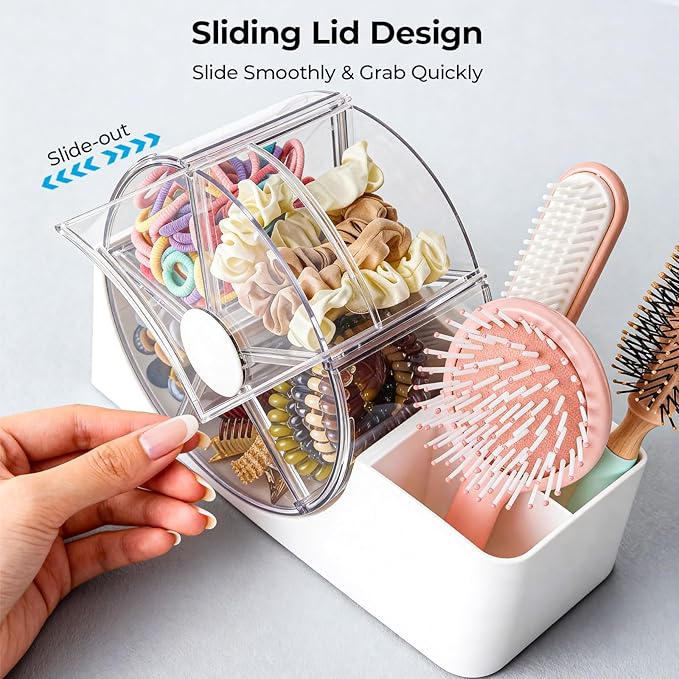 Hair Accessories Organizer with 5-Section Rotating Case | 2-Slot Comb & Hair Brush Holder | Cute Bathroom Vanity Caddy for Hair Tiles, Clips, Scrunchies, Other Accessories | Girls Vanity Décor (White)