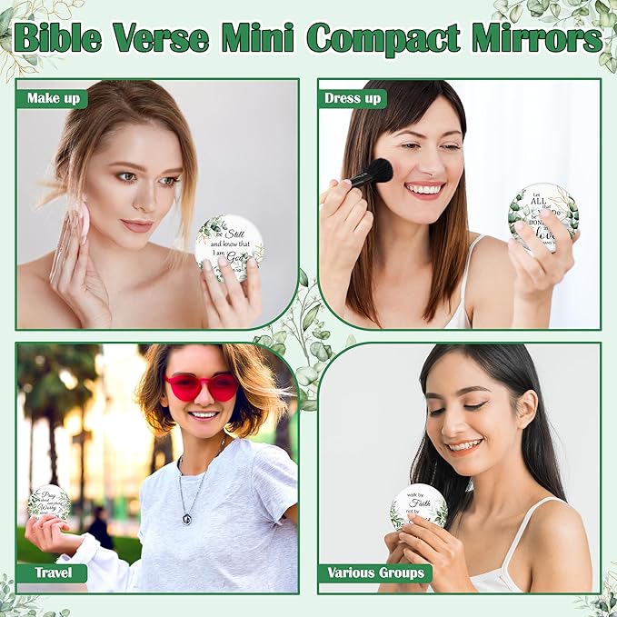 Y1tvei Leaves Bible Compact Mirrors - 36Pcs Green White Leaf Christian Gifts Bulk Bible Verse Mini Compact Mirrors Inspirational Portable Round Pocket Makeup Mirror for Women Friends Purse Church