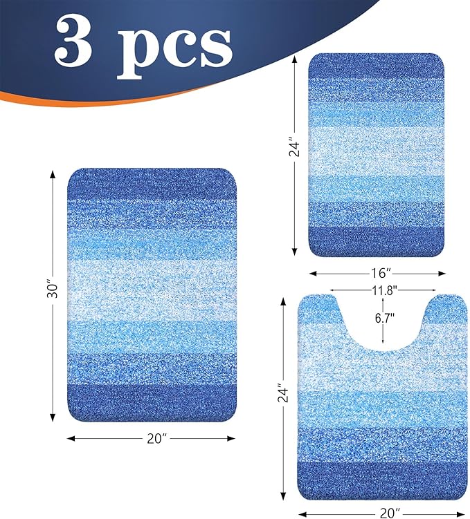 OLANLY Bathroom Rugs Sets 3 Piece, Soft Absorbent Microfiber Bath Mats and U-Shaped Contour Toilet Rug, Plush Shaggy Bath Mat Set for Bathroom (30"x20"+24"x16"+24"x20", Light Royal Blue)