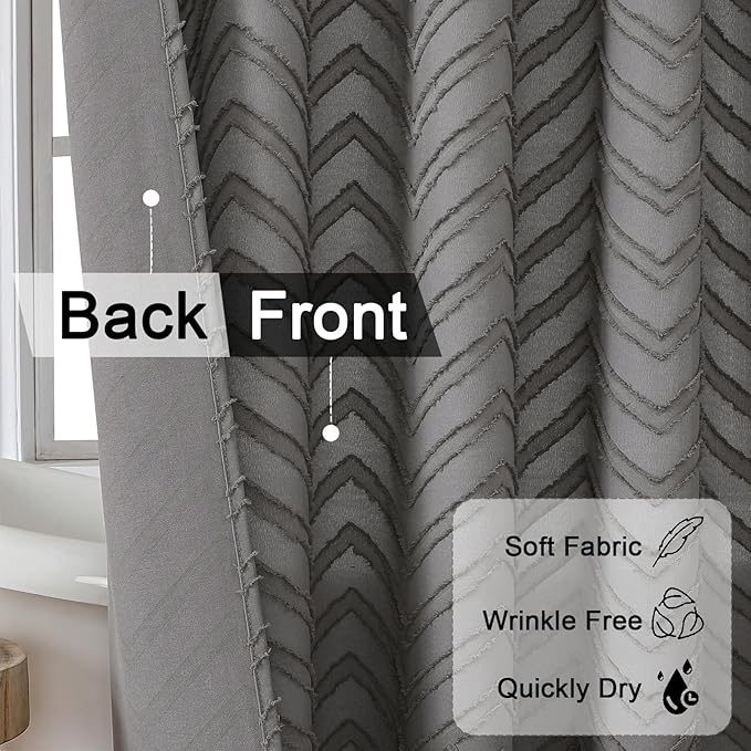 OVZME Boho Grey Bathroom Shower Curtain 78 Inches Long, Modern Farmhouse Boho Style Fabric Tufted Chevron Striped Texture Washable Shower Curtain for Bathroom, 72Wx78L Inches