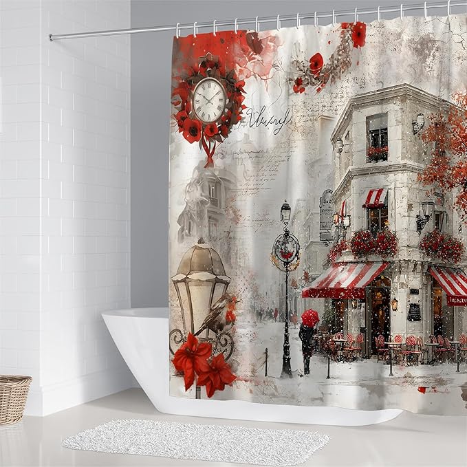Chrainy 4Pcs Snowy Streets Shower Curtain Sets Red Floral Bathroom Set Decor with Non-Slip Rugs Bath U-Shaped Mat Toilet Lid Cover Waterproof Valentines Bathroom Curtains Shower Set with 12 Hooks