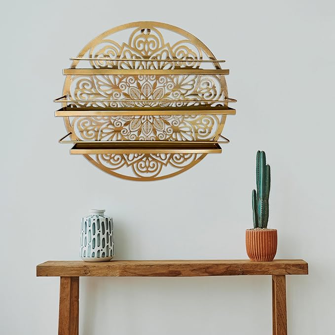 Mandala Shape Shelves, Essential Oil & Nail Polish Organizer - Display Holder Storage Shelf Spice Rack - Black or Gold - Wall Mounted Round Oil Bottle Storage, Cosmetics Display Rack (Gold)