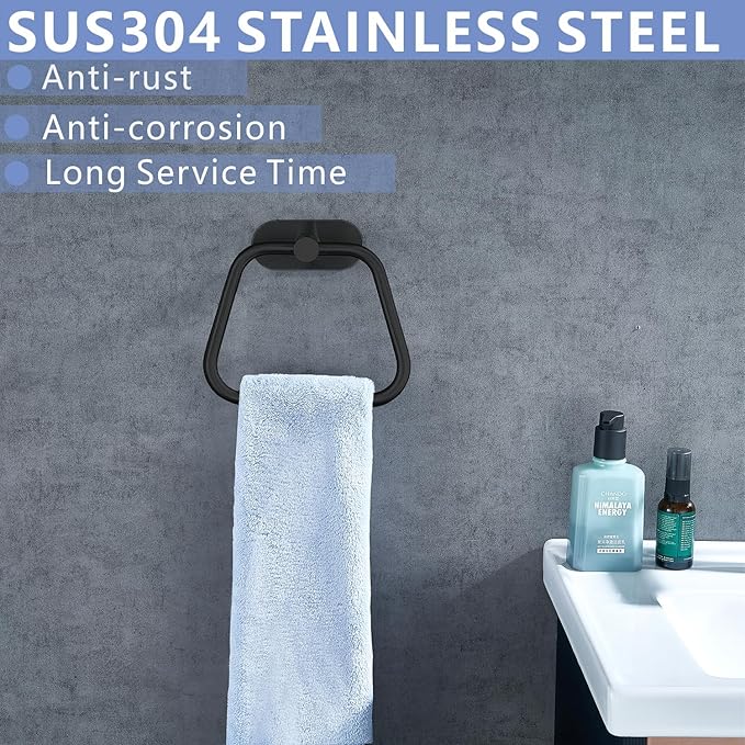 Self-Adhesive Towel Ring, Bathroom Hardware Accessories, 304 Stainless Steel Hand Towel Holder for Bathroom and Kitchen, Ladder Towel Hook, No Drill Installation Wall Mount (Black)