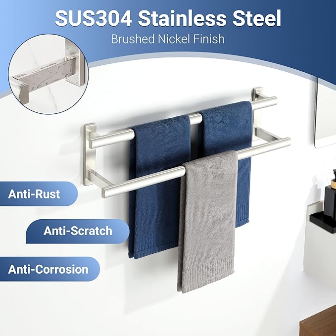 SAYAYO Double Towel Bar for Bathroom, 24 Inch Brushed Nickel Bath Towel Rack Towel Holder Wall Mounted, SUS304 Stainless Steel