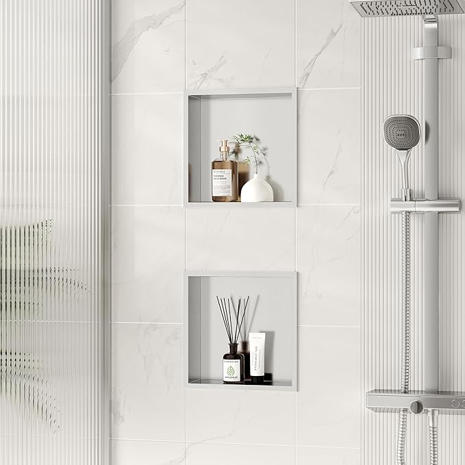 Neodrain Shower Niche, Insert Bathroom Storage Shower Shelf, Stainless Steel Recessed Wall Niche No Tiled Recessed Cabinet Waterproof for Shower Storage(Brushed,12"x12")