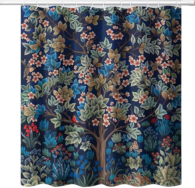William Morris Floral Shower Curtain,Watercolor Vintage Flower Art Style Shower Curtain Set 72"×78" Inch