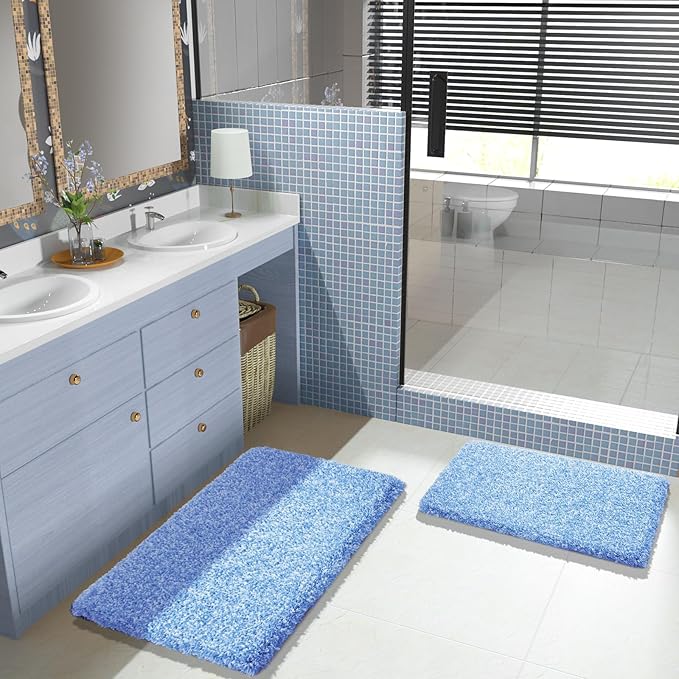 Yimobra Bathroom Rugs Non Slip Washable 36x24, Ultra Soft and Water Absorbent Bath Mats, Plush Fluffy Shower Mat Outside, Luxury Microfiber Thick Matts for Bathroom Floor/Tub, Blue and White