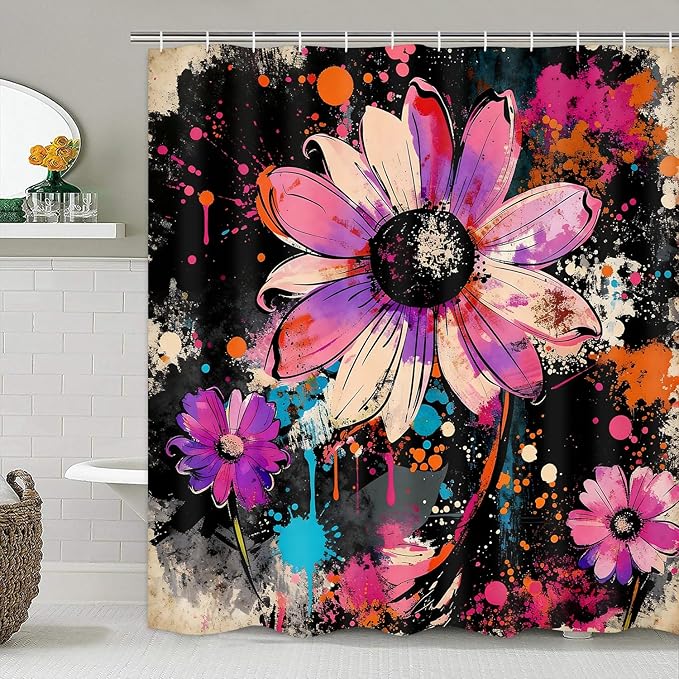 AZHM Watercolor Daisy Floral Shower Curtain Set 4 PCS Black and Pink Rustic Farmhouse Floral Bathroom Accessories Set Includes Shower Curtain, Non-Slip Rugs Toilet Lid Cover and Bath Mat and 12 Hooks
