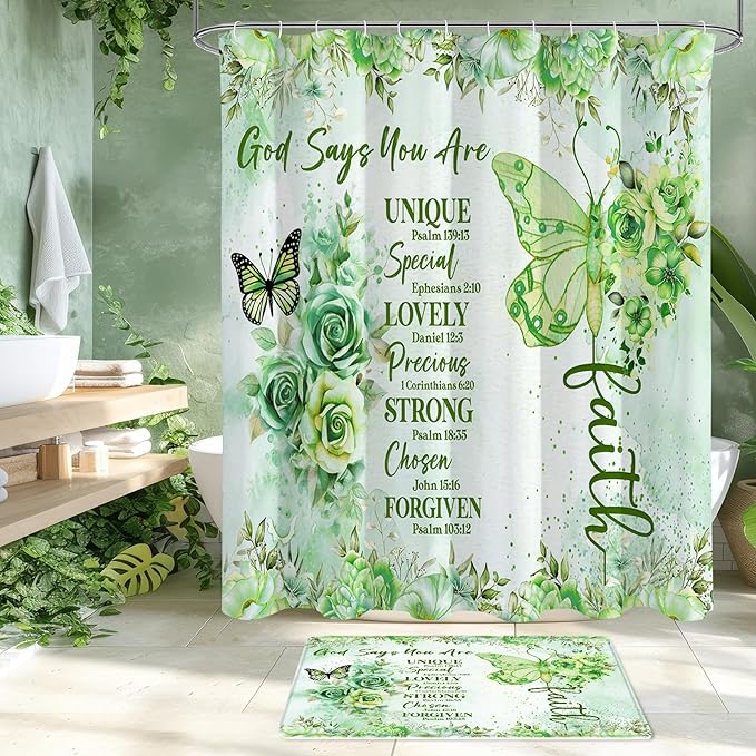 Litabel 4 Pcs Green Butterfly Inspirational Quotes Shower Curtain Set with Rugs and Toilet Lid Cover, Colorful Boho Waterproof Fabric Bathroom Set, Bible Verse Floral Bathroom Decor Set Accessories