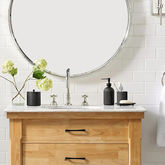 4PCs Heavy Weight Decent Glass Bathroom Accessories Set with Decorative Pressed Pattern - Includes Hand Soap Dispenser & Tumbler & Soap Dish & Toothbrush Holder (Black)
