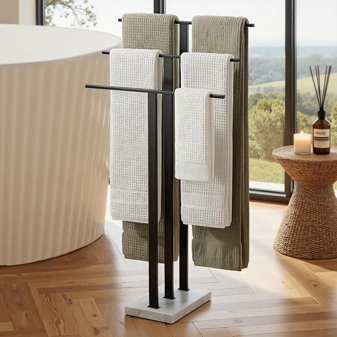 KES Standing Towel Rack with Marble Base, 3-Tier Towel Rack Stand for Bathroom Floor, Towel Racks for Large Bath Towel & Hand Towel, 18/8 Stainless Steel Matte Black, BTH217S3-BK