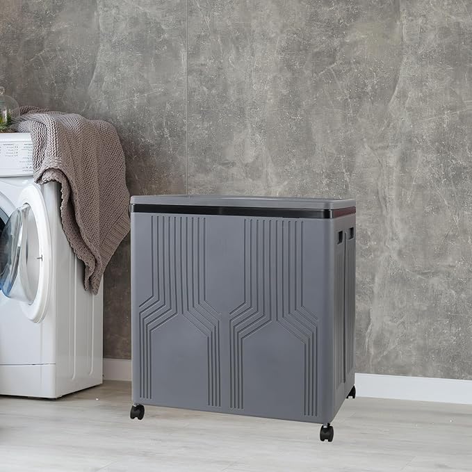 Morcte 120 L Double Laundry Hamper with Lid and Wheels, Collapsible 2 Section Plastic Laundry Hamper, Gray