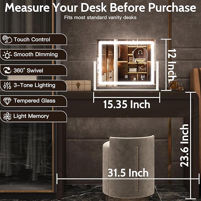 12" x16" Vanity Mirror with Lights, LED Makeup Mirror with Lights,10X Magnification Mirror with 360°Rotation, 3 Color Modes＆ Dimmable, LED Mirror for Desk, Travel, White