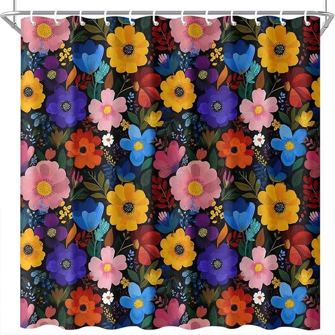 Colorful Floral Shower Curtain 72x72 Inch Bold Bright Flower Print Bathroom Curtain Fabric for Boho or Maximalist Bathroom Decor
