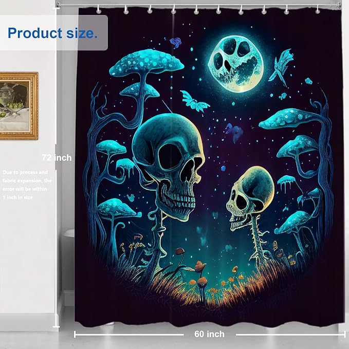 Shrahala Happy Halloween Funny Decorative Shower Curtain, Skeletons Grass Mushrooms Starry Sky Bathroom Décor Polyester Fiber Waterproof with Plastic Rings for Shower Stall Bathtubs 72 x 60 in