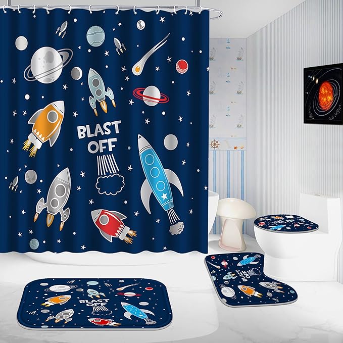 Poedist 4 Pcs Bathroom Shower Curtain Set,Kid's Bathroom Set,Cosmic Space Shower Curtain Sets with Rugs(Bath Mat,U Shape and Toilet Lid Cover Mat) and 12 Hooks