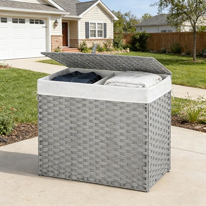 Wicker Laundry Hamper with Lid,130L (34Gal) Foldable Laundry Basket with Removable,Machine Washable 2-Section Liner and Handles,Gray Rattan Hamper for Organization and Storage