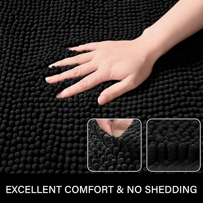 LOCHAS Luxury Bathroom Rug Shaggy Bath Mat 30 x 60 Inch, Washable Non Slip Bath Rugs for Bathroom Shower, Soft Plush Chenille Absorbent Carpets Mats, Black