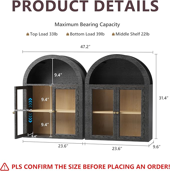 Furnaza Arched Wall Mounted Display Medicine Cabinets with Tempered Glass Doors and Adjustable Shelf for Bath or Living Room (Black, 24" W X2pcs)