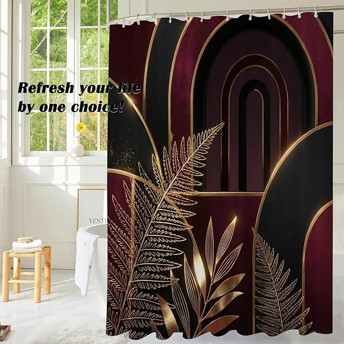 Gold and Burgundy Mid Century Shower Curtains,Dark Red Abstract Boho Shower Curtains,Funny Waterproof Polyester Modern Minimalist Art Hotel Bathroom Decor,72x72 Inches