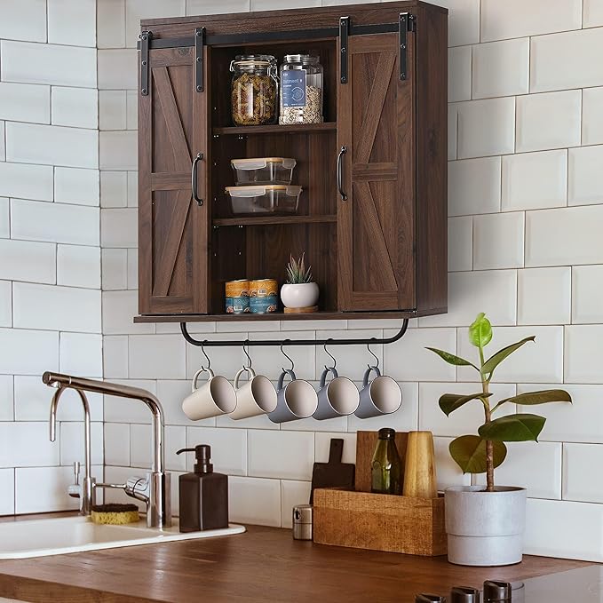 RUSTOWN Rustic Wood Wall Storage Cabinet with Two Sliding Barn Door, 3-Tier Decorative Farmhouse Vintage Cabinet for Kitchen Dining, Bathroom, Living Room, Dark Walnut